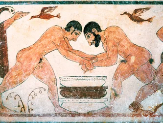 Arte etrusco: Atletas representados en la tumba de los augures en la necrópolis de Monterozzi Tarquinia, cerca de Viterbo, Italia. Fresco del siglo VI a.C.