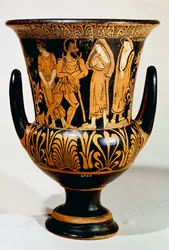 Cáliz-crátera por el Pintor Turmuca que representa una escena del inframundo con Caronte y chicas. Cerámica de figuras rojas de Vulci (Lazio). Civilización etrusca, 330-300 a.C.