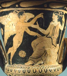 Cáliz-crátera (gran jarrón) del Pintor de Villia Giulia que representa a Atenea y un espíritu alado. Cerámica de figuras rojas de Cerveteri (Lazio). Civilización etrusca, siglo IV a.C.