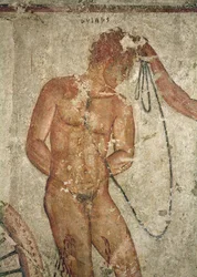 (detalle) de un prisionero troyano, de la Tumba François en Vulci, c.320-280 a.C.