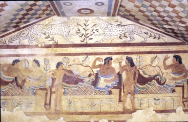Tumba etrusca de los leopardos, fresco que muestra escena de banquete, Tarquinia. Siglo V a.C., Italia