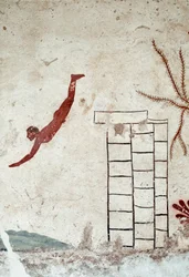 Arte etrusco: Un joven nadador buceando. Fresco de la tumba del "buceador". (detalle) Del cementerio sur de Paestum. 480-470 a.C. Museo Arqueológico Nacional, Paestum