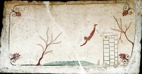 Arte etrusco: Un joven nadador buceando. Fresco de la tumba del “buceador”. Del cementerio sur de Paestum. 480-470 a.C. Museo Arqueológico Nacional, Paestum