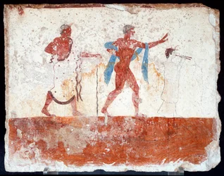 Arte etrusco: un joven efebo, un músico y un maestro de ceremonias. Fresco de la tumba del «Nadador». Procedente de la necrópolis meridional de Paestum. 480-470 a. C. Museo Arqueológico Nacional, Paestum