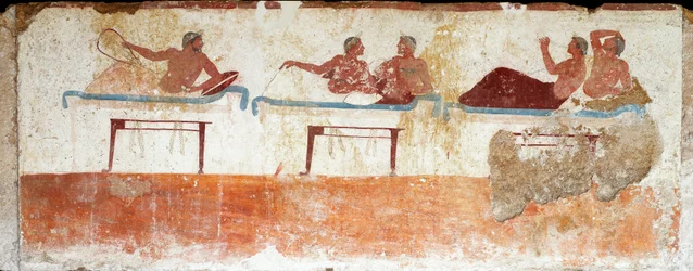 Arte etrusco: escena de banquete - Fresco de la tumba del «Nadador», procedente de la necrópolis meridional de Paestum, 480-470 a. C. - Museo Arqueológico Nacional, Paestum