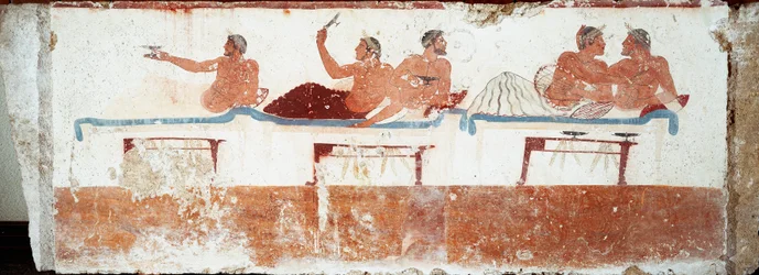 Arte etrusco: escena de banquete. Fresco de la tumba del «Nadador». Procedente de la necrópolis meridional de Paestum. 480-470 a. C. Museo Arqueológico Nacional, Paestum