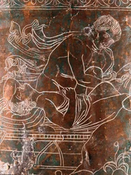 Arte etrusco: detalle de la Cista Ficoroni de bronce que representa la leyenda de los argonautas: la nave Argo. Procedente de Preneste (Palestrina). 340 a. C. Museo Nazionale di Villa Giulia, Roma