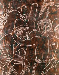 Arte etrusco: detalle de la Cista Ficoroni de bronce que representa la leyenda de los argonautas. Procedente de Preneste (Palestrina). 340 a. C. Museo Nazionale di Villa Giulia, Roma