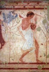 Arte etrusco: frescos que representan escenas de banquete, detalle que representa a un tocador de lira. Tumba del Triclinium. Siglo V a.C. Museo Arqueológico Nacional de Tarquinia, Italia