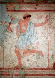 Arte etrusco: frescos que representan escenas de banquete, detalle que representa a un bailarín. Tumba del Triclinium. Siglo V a.C. Museo Arqueológico Nacional de Tarquinia, Italia
