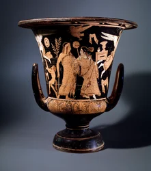 Civilización etrusca: crátera de terracota decorada por el pintor de Nazzano representando a Apolo y una ménade, 350 a.C. Dim 57 cm. Del sitio de Civita Castellana