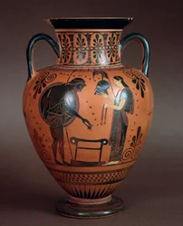 Civilización etrusca: hidria de terracota representando a Tetis entregando armas a su hijo Aquiles, 550-500 a.C. De Cerveteri, Italia