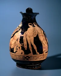 Civilización etrusca: oinochoe de terracota decorada por el taller del pintor de Alcesti representando a un joven sentado hablando con dos personas de pie, 360-340 a.C. de Tarquinia, Italia