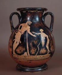 Civilización etrusca: pelike de terracota representando a Hércules y un anciano, símbolo de la vejez, de Cerveteri, Italia, siglo V-IV a.C.