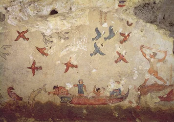 Pescadores en un bote y aves volando, de la Tumba de la Pesca y la Caza, c.520-510 a.C.