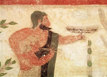 Cabeza de un hombre y un niño tocando una flauta doble, de la Tumba del Barón, c.500 a.C. pintura mural (detalle)