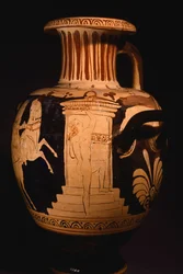 Hidria por el Pintor de la Biga Vaticana, mostrando detalle del edículo con pintor trabajando. Cerámica de figuras rojas. Civilización etrusca, siglo IV a.C.