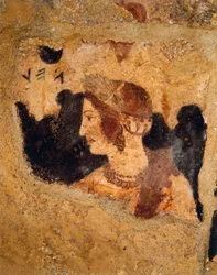 Italia, región del Lacio, Tarquinia (provincia de Viterbo), necrópolis etrusca, Tumba de Orcus, detalle de la escena del banquete con retrato de una mujer conocida como Velia Velcha (Velia Spurinas), esposa de Arnth Velcha, fresco