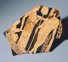 Kylix del Pintor de Villia Giulia, fragmento. Cerámica de figuras rojas. Civilización etrusca, siglo IV a.C.