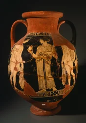 Pelike por el Pintor Sommavilla con una niña presentando una granada (reconstruido). Cerámica de figuras rojas de Orvieto (Umbría). Civilización etrusca, siglo IV a.C.