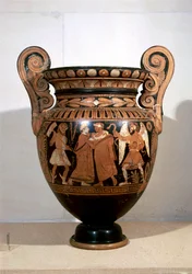 Cerámica de figuras rojas, Crátera de volutas que representa a Alcestis abrazando a Admeto e inscripción de nombres, por el Pintor de Alcestis