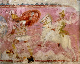 Sarcófago de las Amazonas con escena pintada de una batalla, piedra caliza blanca, de Tarquinia, región del Lacio, Italia, detalle