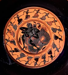 Kylix de terracota que representa a Hércules luchando con Tritón, rodeado por diecisiete nereidas danzantes, siglo VI a.C.