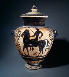 Stamnos de terracota que representa a un jinete, 500-490 a.C.