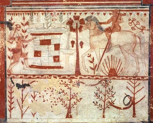 La emboscada del príncipe troyano Troilo por Aquiles, de la Tumba de los Toros (Tomba del Tori) c.540 a.C. (fresco)