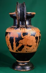 Crátera de volutas del Pintor de Mainz, representando una lucha entre un guerrero y una amazona