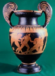 Crátera de volutas del Pintor de Mainz, representando a un guerrero y una amazona