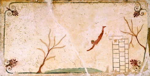 Buzo, circa 480-490 a.C., fresco decorativo de la losa de cubierta de la Tumba del Buzo en Paestum, Campania, Italia, siglo V a.C.