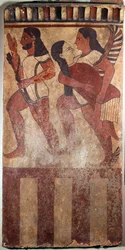 Arte etrusco: Placa de terracota pintada llamada Placa Campana: un arquero, un genio alado con una figura femenina (Cerveteri, Italia, siglo VI a.C.). Museo del Louvre, París
