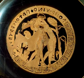 Civilización etrusca: detalle de una kylix que representa a Ariadna y Dionisio. De la Necrópolis Falerii Veteres. Roma, Villa Giulia