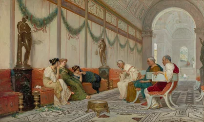 Interior de edificio romano con figuras