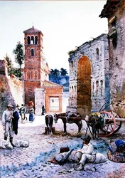 Figuras en una Plaza Romana junto a un Arco