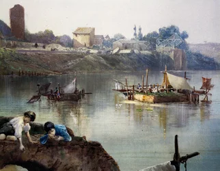 Giornelli de pescadores (ruedas de pesca) en el Tíber cerca de Porto di Ripa Grande en Roma, por Ettore Roesler Franz, acuarela, Italia