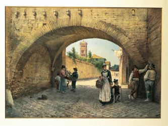 Italia, Roma, Arco de Tolomei por Ettore Roesler Franz, acuarela