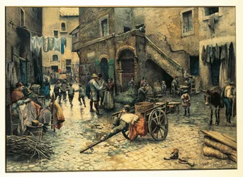 Italia, Roma, vida callejera en Via Capocciuto, en el gueto judío de Roma, por Ettore Roesler Franz