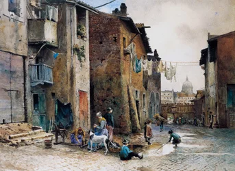 Casas medievales en la Via della Lungaretta de Roma, por Ettore Roesler Franz (1845-1907), acuarela, Italia