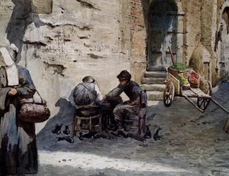 Casas medievales antiguas en Lungaretta por Ettore Roesler Franz (1845-1907), acuarela de la serie Roma desaparecida, detalle, Italia