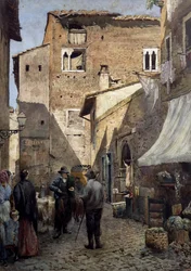 Viejas casas de Pierleoni en Roma, acuarela de Ettore Roesler Franz (1845-1907), Italia