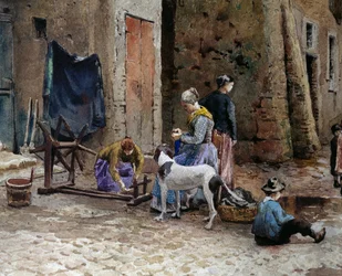 Mujeres concentradas en hilar, detalle de casas antiguas en Lungaretta en Roma