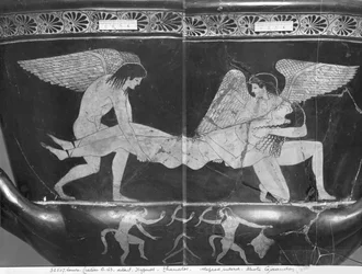 Cáliz ático de figuras rojas que representa a Hypnos y Thanatos llevando el cuerpo de Sarpedon