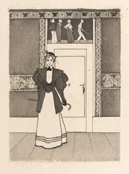 Interior con joven mujer en traje de paseo, 1895