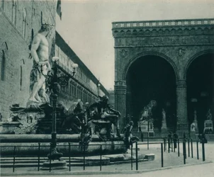 Fuente de Neptuno por Bartolomeo Ammanati y la Loggia dei Lanzi, Florencia, Italia