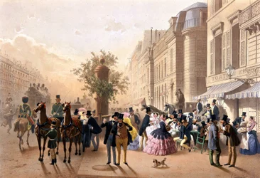 Boulevard des Italiens (frente a Tortoni) - Litografía por Guérard