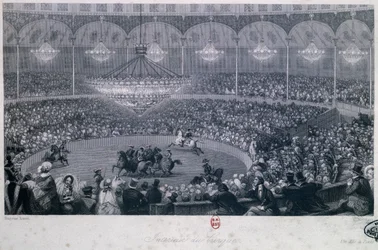 Espectáculo ecuestre en el circo Franconi, Champs Elysées, París, grabado por Charles Mottram, tomado de Verano e Invierno en París