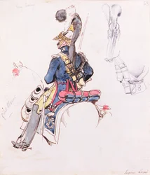 Soldado a caballo (acuarela, pluma y tinta)