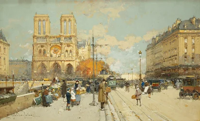 Figuras en una calle soleada de París, Notre Dame a la izquierda